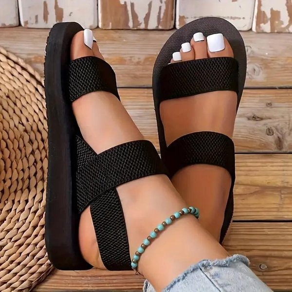 Sandalias Planas De Color Liso Para Mujer, Zapatos Casuales De Verano Con Punta Abierta, Sandalias Ligeras Con Tiras En El Tobillo 37 Negro-image