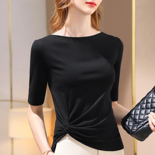 Camiseta De Manga Corta Y Media Para Mujer En Primavera Y Verano Nuevo Estilo De Ropa Para Mujer Camiseta De AlgodóN De Un Hombro Top Con Cintura Fruncida 3XL Brown-image