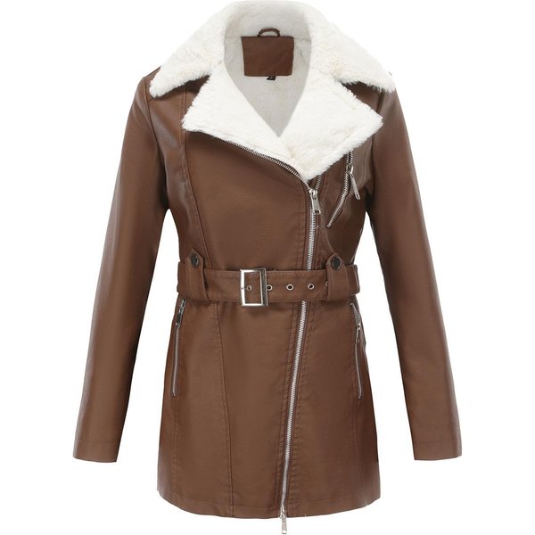 Nueva Chaqueta De Cuero De Terciopelo De Manga Larga OtoñO E Invierno Para Mujer Con Solapa, Doble Cremallera Y CinturóN, Chaqueta CáLida 3XL Gray-image