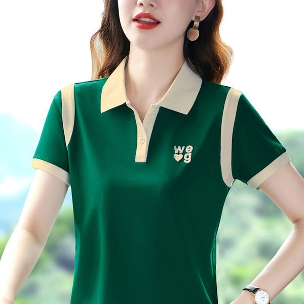 Camiseta De Mujer De Manga Corta Madre Verano Solapa Manga Media Top De Moda Talla Grande Cuerpo 4XL Beige-image