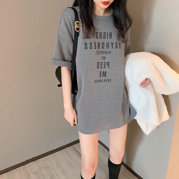 Nueva Camiseta De Verano De Estilo Coreano Holgada Con Estampado De Letras De Manga Corta Para Estudiante Camiseta Top Para Mujer Ropa De Mujer 2XL Gris-image