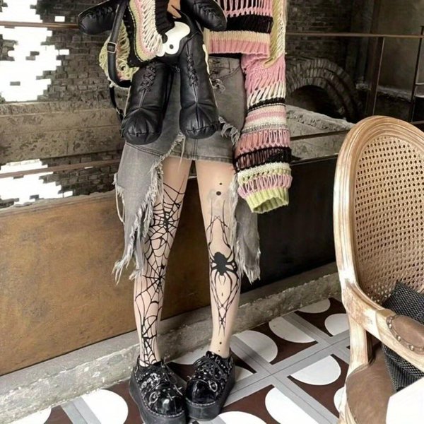 Medias De Seda Con PatróN De ArañA Grande GóTico Medias De Red Oscuras Vintage GóTicas Pantimedias De TelarañA Sexy Alternativas Para Mujer Medias De Bruja-image