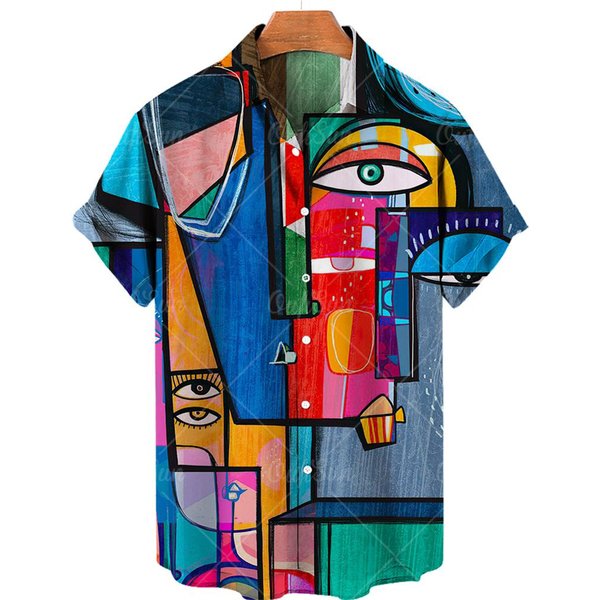 Camisa Estampada Pintura Al ÓLeo Graffiti 3D 2025 Hombre Moda Streetwear Hawaiana Playa Casual Solapa Talla Grande M Blue-image