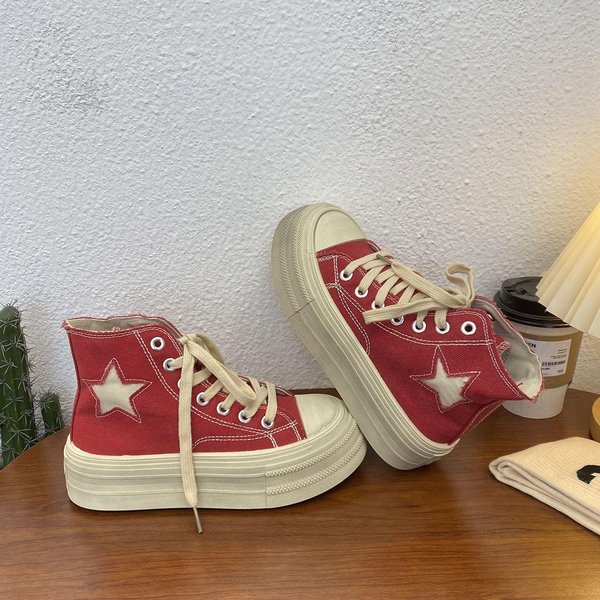 Letnie Obuwie Damskie Dla StudentóW Trampki Na Platformie Z Wysoką Cholewką PłóCienne Buty Winylowe Sznurowane Codzienne Buty Deskorolkowe Grube Trampki 39-image