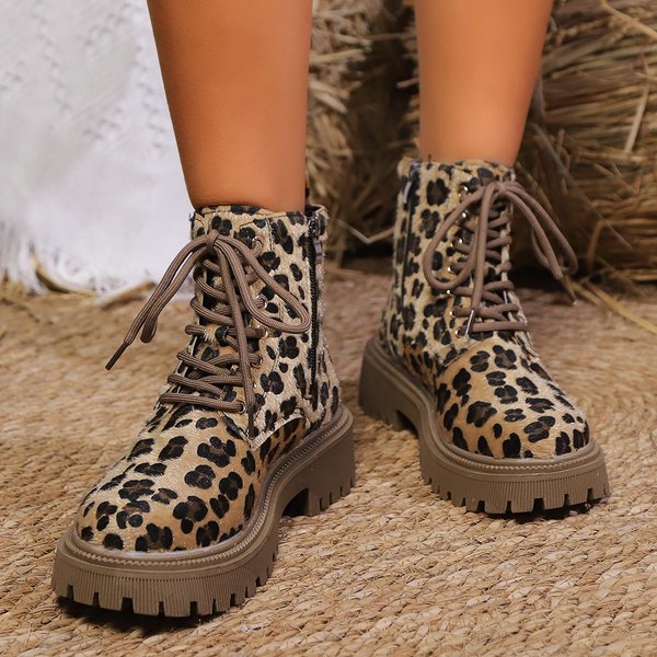 Botines De Leopardo Para Mujer Con Suela Gruesa, Moda, Cremallera Lateral, Cordones, Plataforma, Mujer, OtoñO Invierno, Antideslizantes, Botas De Combate 42 Leopardo-image