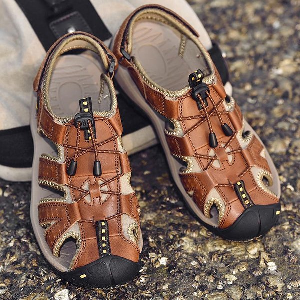 Sandalias De Verano Para Hombre Baotou Zapatos De Playa Suela Blanda Cuero Antideslizante Exterior Hueco Transpirable Diarios Casuales Zapatos Para Hombre Zapatillas 45-image
