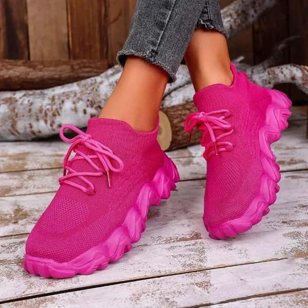 Damskie Modne Sneakersy Lekkie Buty Codzienne Sznurowane Niskie Jednokolorowe Sneakersy Damskie OkrąGłY Nosek Letnie Sportowe Buty Na Platformie 37 Pink-image