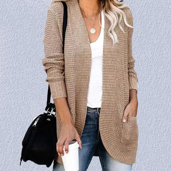 Damski Sweter Z MięKkiej Dzianiny Z DłUgim RęKawem Otwarty PrzóD LuźNy Sweter Z Kieszeniami Na Co Dzień XL Khaki-image