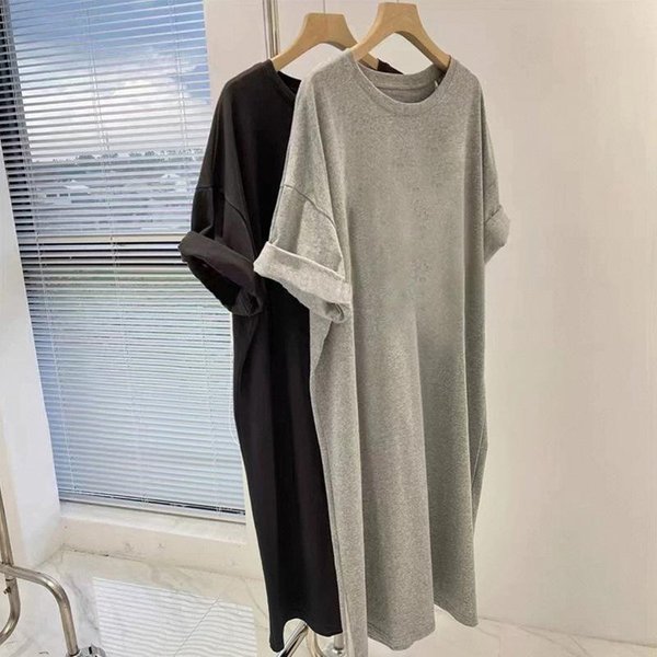 Sukienka Letnia LuźNa DłUga Do Kolan BawełNiana KróTkim RęKawem T-Shirt SpóDnica Modna Sukienka Letnia Na Brzuch Matki 4XL Gray-image