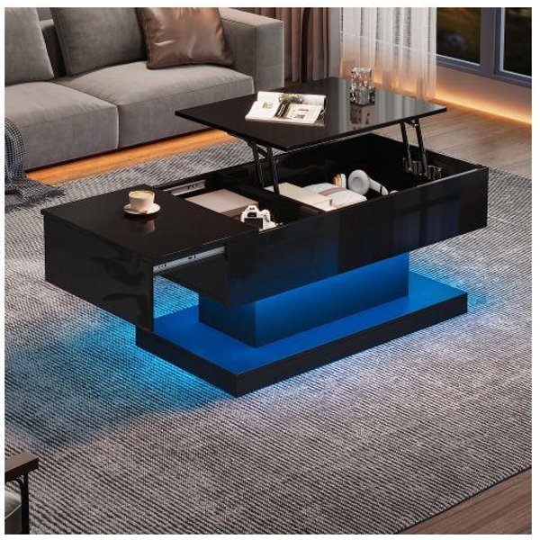 Niski Stolik Led Wysoki PołYsk Stolik Kawowy 100X50X45 Cm, Z OśWietleniem Led - Podnoszony Blat-image