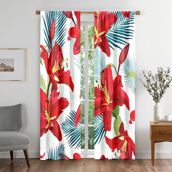 Cortina Opaca Para Ventana De JardíN Con Flores De Lirio Verdosas Florecientes Para Sala De Estar Dormitorio BañO Cocina Puerta Armario DecoracióN Ganchos W50 X H130(Cm)X2&Grommet Top-image