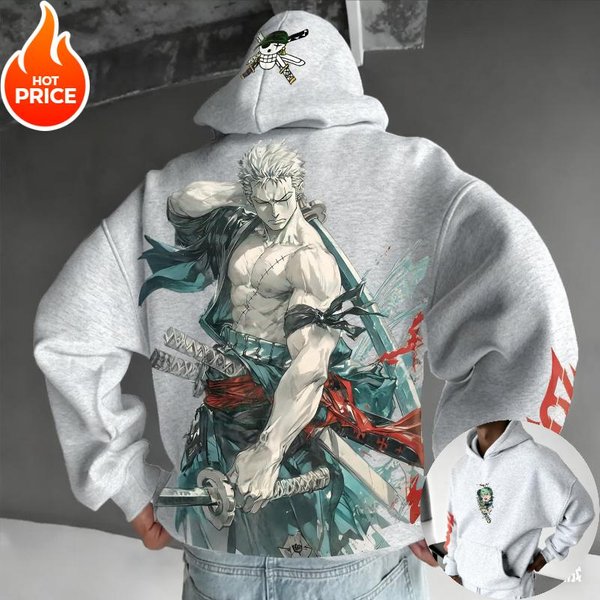 One Piece Zoro Anime Harajuku Streetwear OtoñO Hombres Sudadera Con Capucha Vintage Invierno Mujeres Sudadera Con Capucha Oversize Top De Manga Larga Y2K 2XL Gray-image