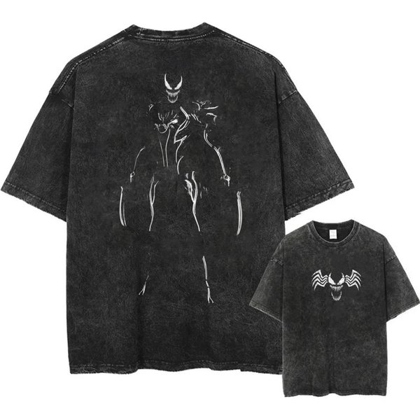 T-Shirt Z Nadrukiem Spider-Man I Venom, Prany, Oversize, Moda Y2K, Casualowy, Neutralny, KróTki RęKaw, Prany, Retro, LuźNy T-Shirt M BrąZowy-image