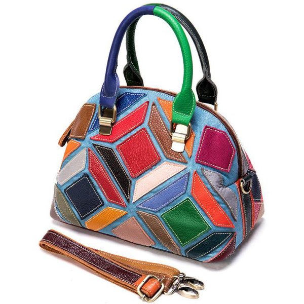 Bolso De Cuero Genuino Para Mujer, Bolso De Piel Vacuno Suave Con Costuras De Color, Bolsos De Hombro De Gran Capacidad-image