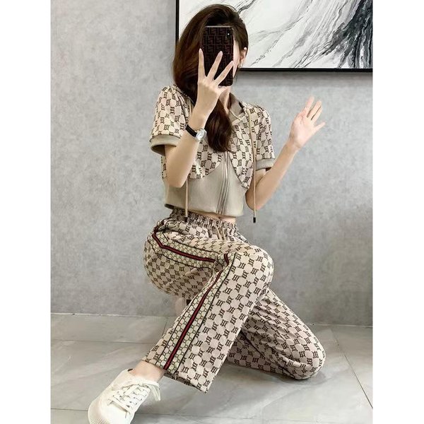 Conjunto Deportivo De Moda Xiaoxiangfeng Para Mujer En Verano, Sudadera De Moda De Manga Corta Que Reduce La Edad, Pantalones Deportivos De Pierna Ancha Conjunto De Dos Piezas M Gray-image