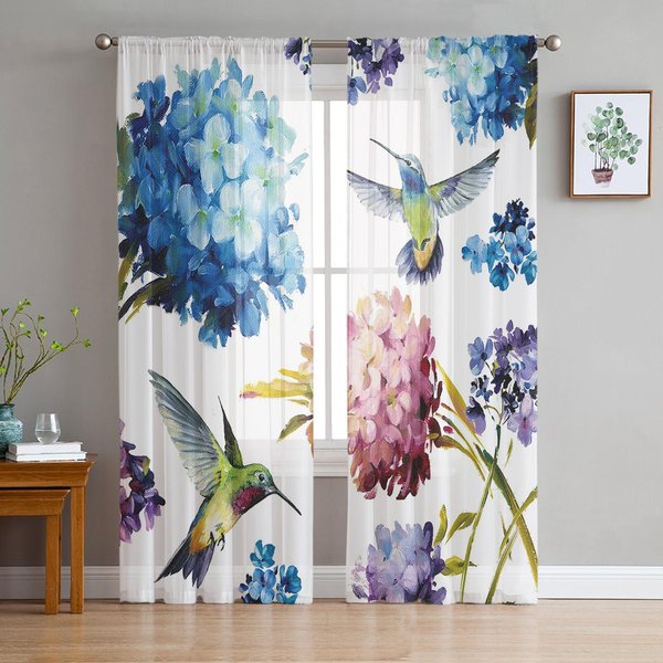 Flores Vintage Colibrí Hortensia Cortinas TraslúCidas Para DecoracióN De Sala De Estar Cortinas De Ventana Cocina Tul Cortinas Voile W135 X H115Cm X1-image