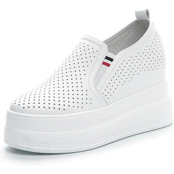 Zapatos De Mujer De Cuero Genuino De 9 Cm Primavera Verano Suela Gruesa Slip-On Zapatos Blancos VersáTiles CuñA Zapatos Casuales Zapatillas 40 Blanco-image
