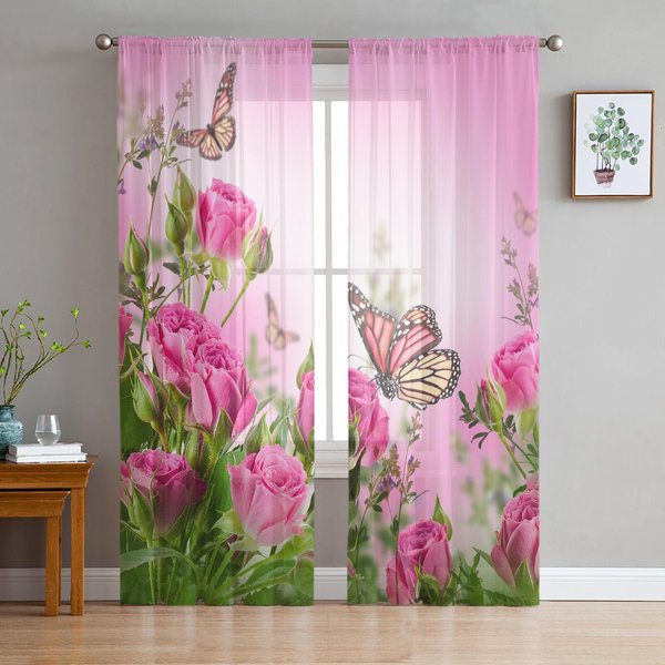 RóżOwe Kwiaty RóżAne Akwarela Tiulowe ZasłOny Idealne Do Dekoracji Salonu Sypialni Szyfonowe Przezroczyste Woalowe ZasłOna Na Okno Kuchni 1 PCS W100Xh250Cm&Grommet Top White-image