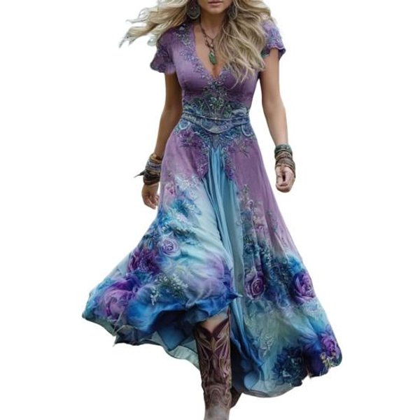 Vestido Maxi Estampado Floral Para Mujer Manga Corta Cuello En V Vestido De Baile Vestido Boho Fluido De LíNea A Vestido Casual Para Fiesta De GraduacióN Invitada A Boda Xxxl Gray-image