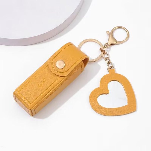 Bolsa De Cuero PortáTil Para LáPiz Labial, Bolsa De Maquillaje, Bolsa Para BáLsamo Labial, Llavero, Funda Protectora Para LáPices Labiales Con Espejo Amarillo-image