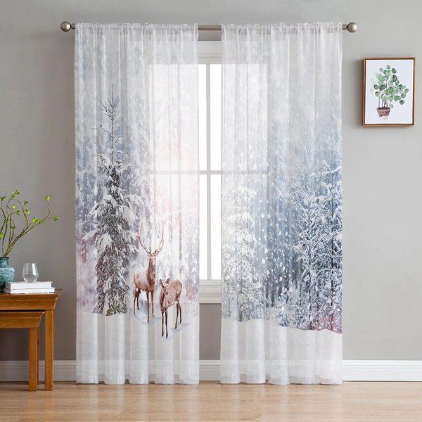 Cortinas Transparentes De Navidad ÁRbol De Nieve MuñEco De Nieve Decoraciones Para Ventanas Del Hogar Cortinas Voile Tul Para Sala De Estar Dormitorio Cocina W135 X H115Cm X1&Grommet Top-image