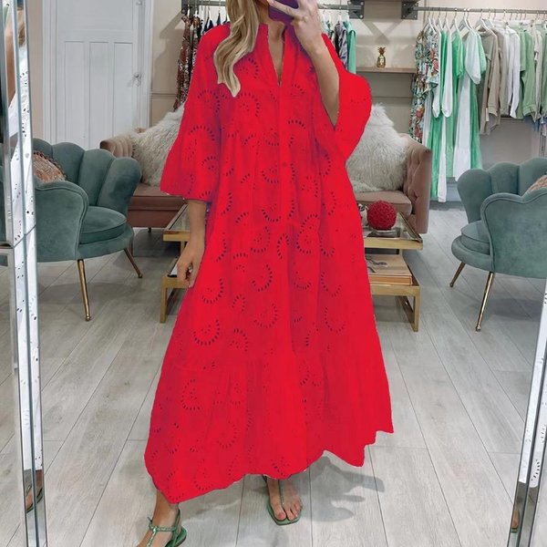 Qiced 8 Colores S-5XL Moda Mujer Verano Primavera Color SóLido Estampado Manga 3/4 Cuello En V Vestidos Casuales XXL Rojo-image