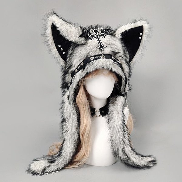 Ciemny Gotycki Pluszowy Kapelusz Y2K Styl Metalowy Cosplay Nakrycie GłOwy RęKodziełO Kapelusz Z Uszami Kota Kobiety MężCzyźNi Halloween Punk Rock CiepłA Czapka One Size-image