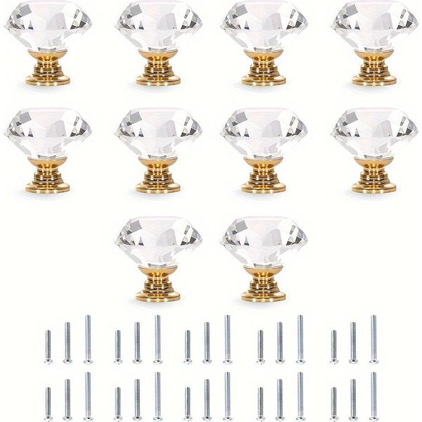 5/10 Szt. 30MM KryształOwo Przezroczysty Szklany Uchwyt Komody, ZłOty Uchwyt Szuflady Z Imitacji Diamentu, GałKa, Uchwyt Szafki Kuchennej Do Szuflady Komody Ze ŚRubami 10Pcs ZłOty-image