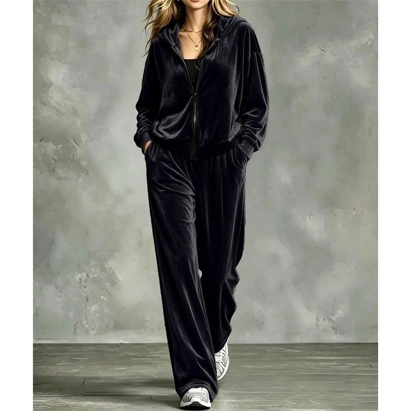Conjunto De CháNdal De Terciopelo De 2 Piezas Para Mujer Chaqueta Con Cremallera Y Capucha Pantalones De Pierna Ancha Con CordóN Conjunto Casual Holgado De Dos Piezas Xxxl Negro-image