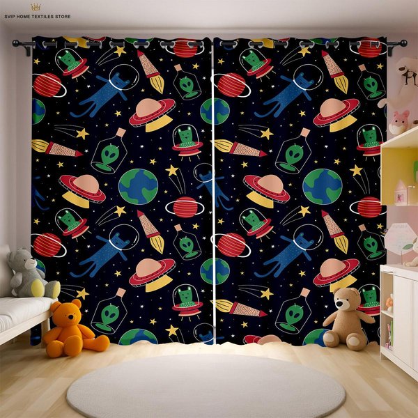 KreskóWkowe ZasłOny Z Nadrukiem AstronautóW Kosmicznych Do Pokoju DziecięCego, Odpowiednie Do Sypialni, Salonu, Gabinetu, Dekoracyjne W50X130H(Cm)X2Pcs&Rod Pocket-image
