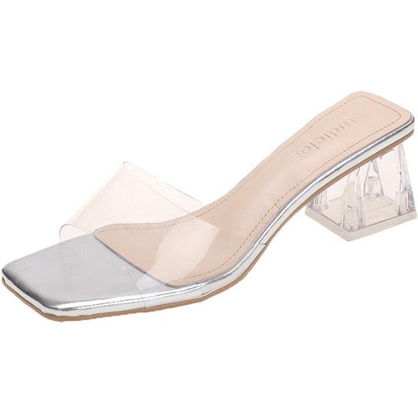 SandałY Damskie CzółEnka Kapcie Damskie Kwadratowe Toe Slajdy Z PVC Letnie Buty SandałY Wysokie Obcasy 40 Srebro-image