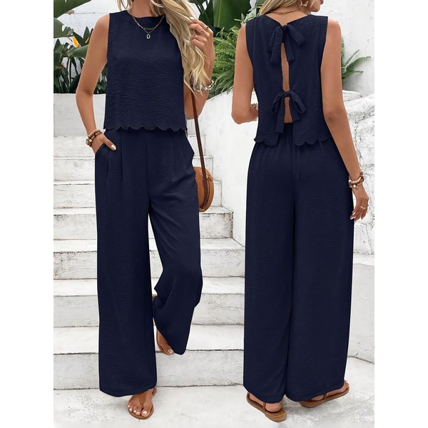Conjunto De Dos Piezas De Lino Para Mujer, Verano, Musculosa Simple De Uso Diario Estilo Old Money, Top Sin Mangas Con Adorno De Conchas Y Pantalones S Azul Marino-image