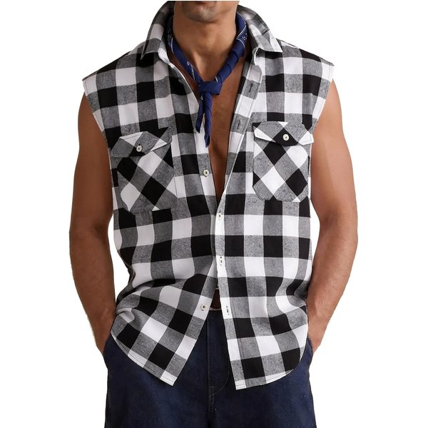 Camisa De Hombre Sin Mangas A Cuadros Con Botones PatróN Cuadros CláSico Bolsillos Frontales Ajuste Casual Relajado Top De Franela M Blanco-image