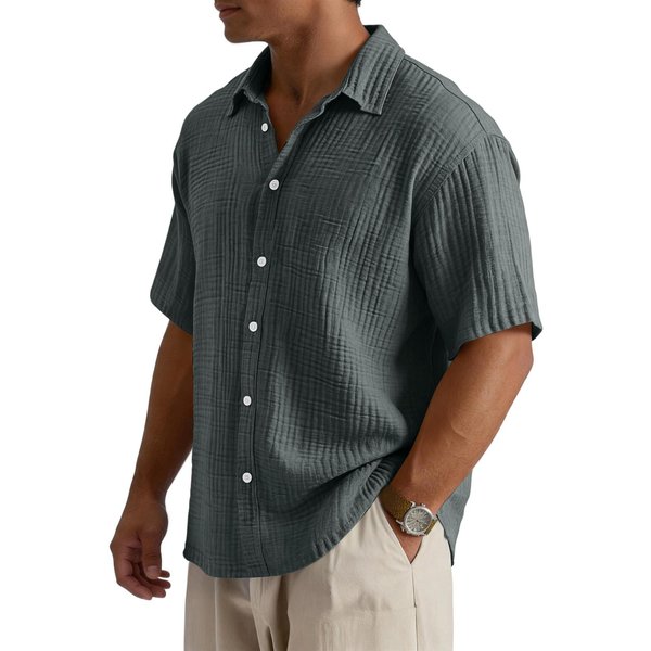 Camisa Casual De Manga Corta Para Hombre, Corte Holgado, Con Botones, De AlgodóN Texturizado, Con Cuello Extendido, Ligera Para El Verano L Black-image