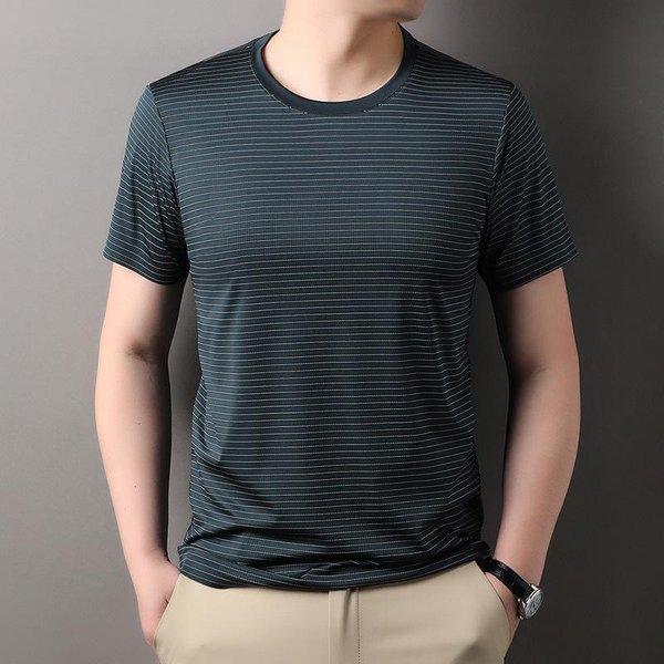 Camiseta De Verano Para Hombre De Manga Corta Moda Juvenil Rayada Cuello Redondo Manga Media Nueva Camiseta Tops De Moda Para Hombre 3XL Gray-image