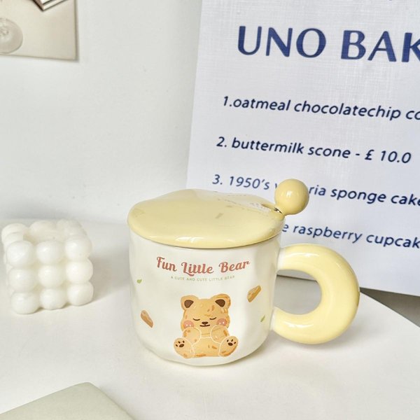 KreskóWkowy Kubek NiedźWiadek MaśLany Kubek Dla Pary Ceramiczny Kubek Dla Dziewczyn Wysoki Kubek Z Pokrywką I ŁYżEczką Kubek Na Wodę Do Domu I Biura 301-400Ml Beige-image