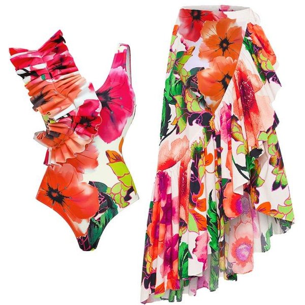 Nuevo Traje De BañO Sexy De Una Pieza Para Mujer, Conjunto De Traje De BañO De Gasa Con Falda Larga Y Estampado Con Volantes XL Beige-image