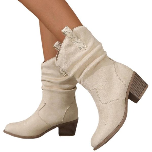 Zapatos Para Mujer Botas De Invierno Para Mujer Color SóLido Slip On Punta Afilada Flock Plisado TacóN Medio Zapatillas De Mujer 42 Beige-image