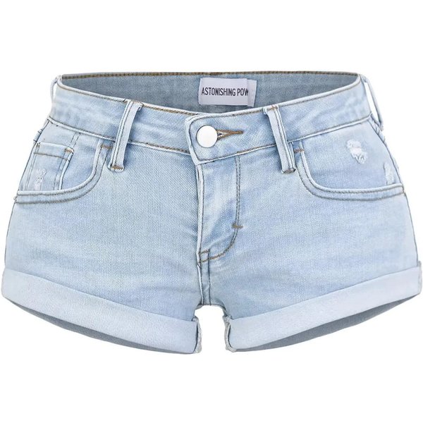 Shorts Vaqueros De Tiro Bajo Ajustados Estilo Dulce Dobladillo Con PuñO EláSticos Verano Casual Pantalones Cortos S Azul Claro-image