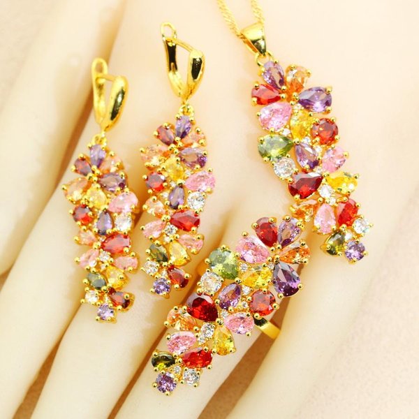 Conjuntos De JoyeríA De Cristal Multicolor Chapados En Oro Pendientes Collar Colgante Anillo Pulsera JoyeríA Para Mujeres Regalo De Boda 10-image