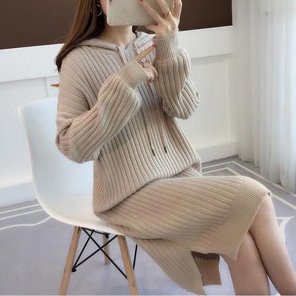 SuéTer De Punto De Primavera Y OtoñO Top Holgado Casual Con Capucha Vestido Grueso De Longitud Media Para Mujer S-image