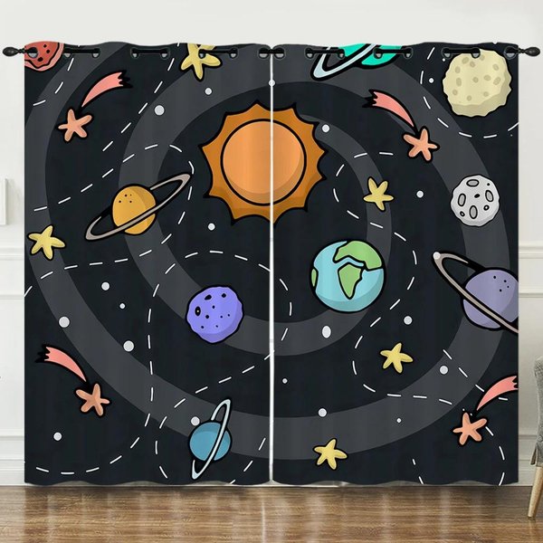 Cortina De Ventana Para NiñOs Galaxy Espacio Exterior Sala De Juegos Tema Planeta Astronauta Dibujos Animados Cortinas Para Dormitorio Sala De Estar W50Xh130(Cm)X2Pcs&Grommet Top-image