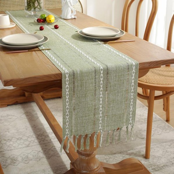 Camino De Mesa De AlgodóN Y Lino Verde Salvia, Caminos De Mesa Macramé Estilo RúStico Para DecoracióN De Mesa De Comedor, Boda, Fiesta Y DecoracióN De CóModa 35X183Cm Verde-image
