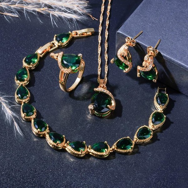 Elegantes Conjuntos De JoyeríA De Boda Con Circonita Verde Chapados En Oro En Forma De Gota Para Mujer Pendientes Collar Anillo Pulsera 9 Black-image
