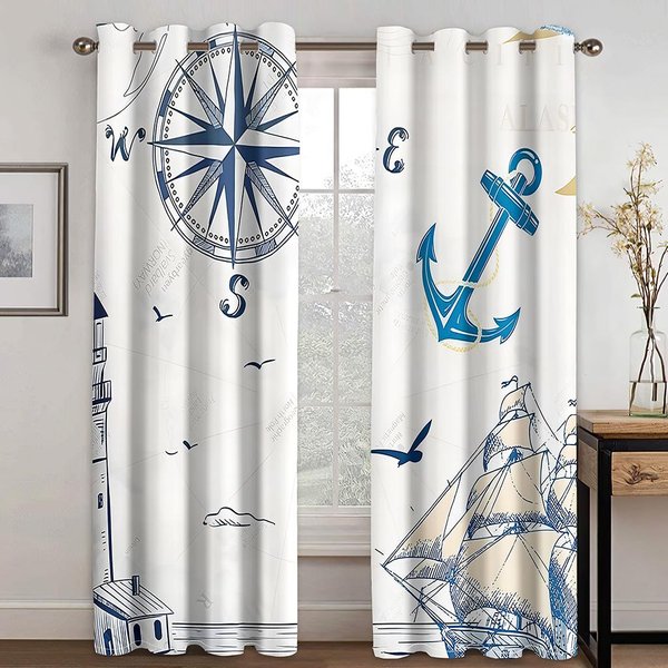 Nautical Stara łóDź Szkic KołO Statku Kompas Kotwica Cienkie ZasłOny Okienne Do Salonu Dekoracja Sypialni 2 Panele Darmowa WysyłKa 100W130H(Cm)40X51In&Grommet Top-image