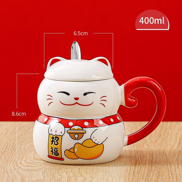 Taza De Gato De La Suerte Creativa Y Festiva Mirando Hacia Arriba Taza De Agua De CeráMica Para Oficina Souvenir De AñO Nuevo Taza Para Leche Para El Hogar 400Ml-image