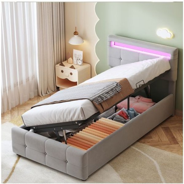 Cama Infantil - Muvoe - 90X200 Cm - IluminacióN Led - Cabecero Regulable - Almacenamiento HidráUlico-image