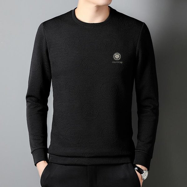 Camiseta De Manga Larga Para Hombre Primavera Y OtoñO Nueva Cuello Redondo Jacquard Tendencia Casual Camiseta BáSica Xxxl Black-image