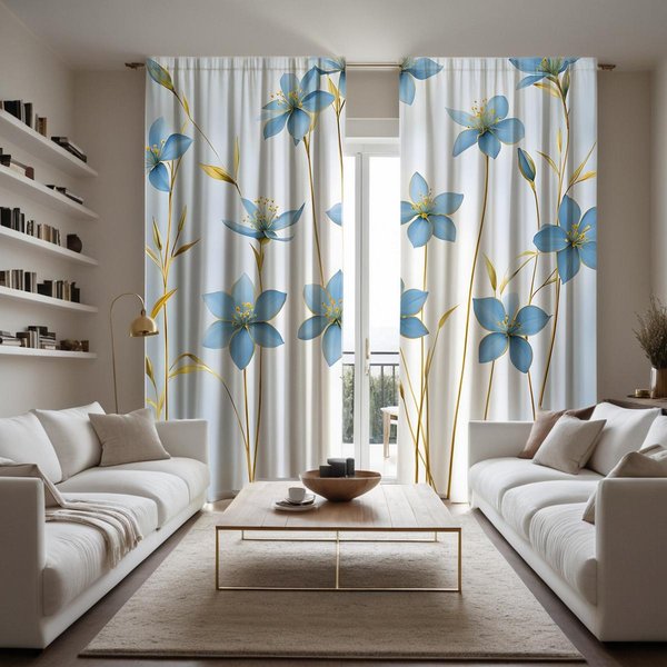 2 Piezas Cortina De DecoracióN De Flores Azules Frescas HD Cortina Azul Estampada Digitalmente DecoracióN De Estilo DecoracióN Del Hogar Sala De Estar Dormitorio W52H63Inchw132H160Cm-image
