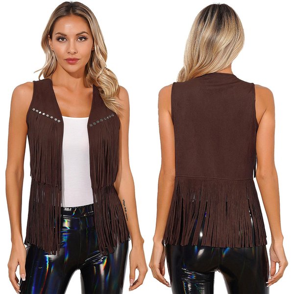 Chaleco De Ante SintéTico Para Mujer Estilo Western Flecos Con Borlas Detalles De Remaches Frente Abierto Sin Mangas Chaleco Para Atuendos Boho L Brown-image